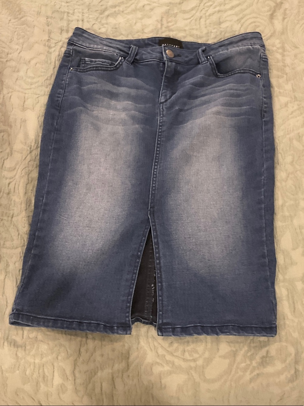 Denim  Skirt with Front Slit - Blue